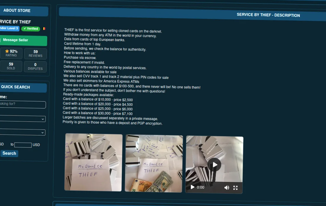 interface of a dark web marketplace offering cloned debit cards for sale