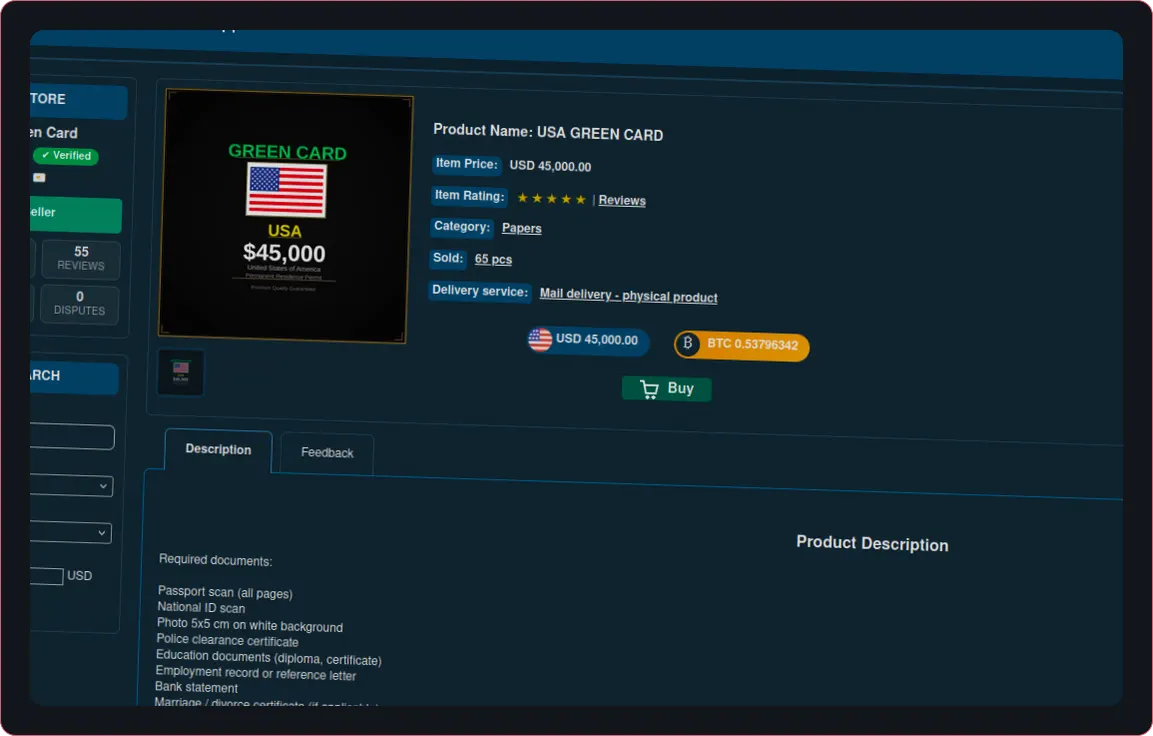 Listing for a United States green card priced at forty five thousand dollars with detailed product specifications.